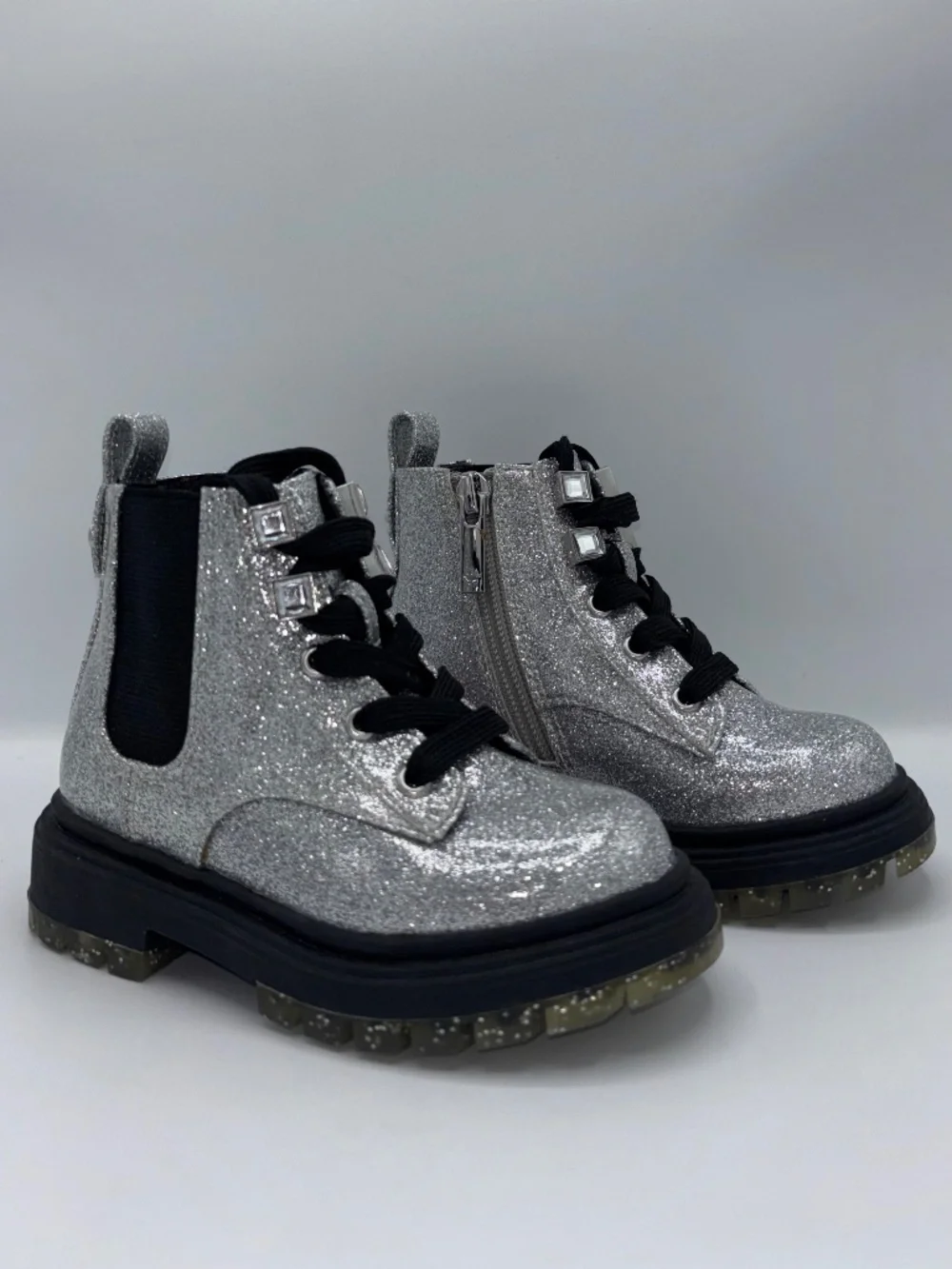 Nina Coelette Silver Grey Glitter Combat Lace-Up Boots Memory Foam Toddler 7